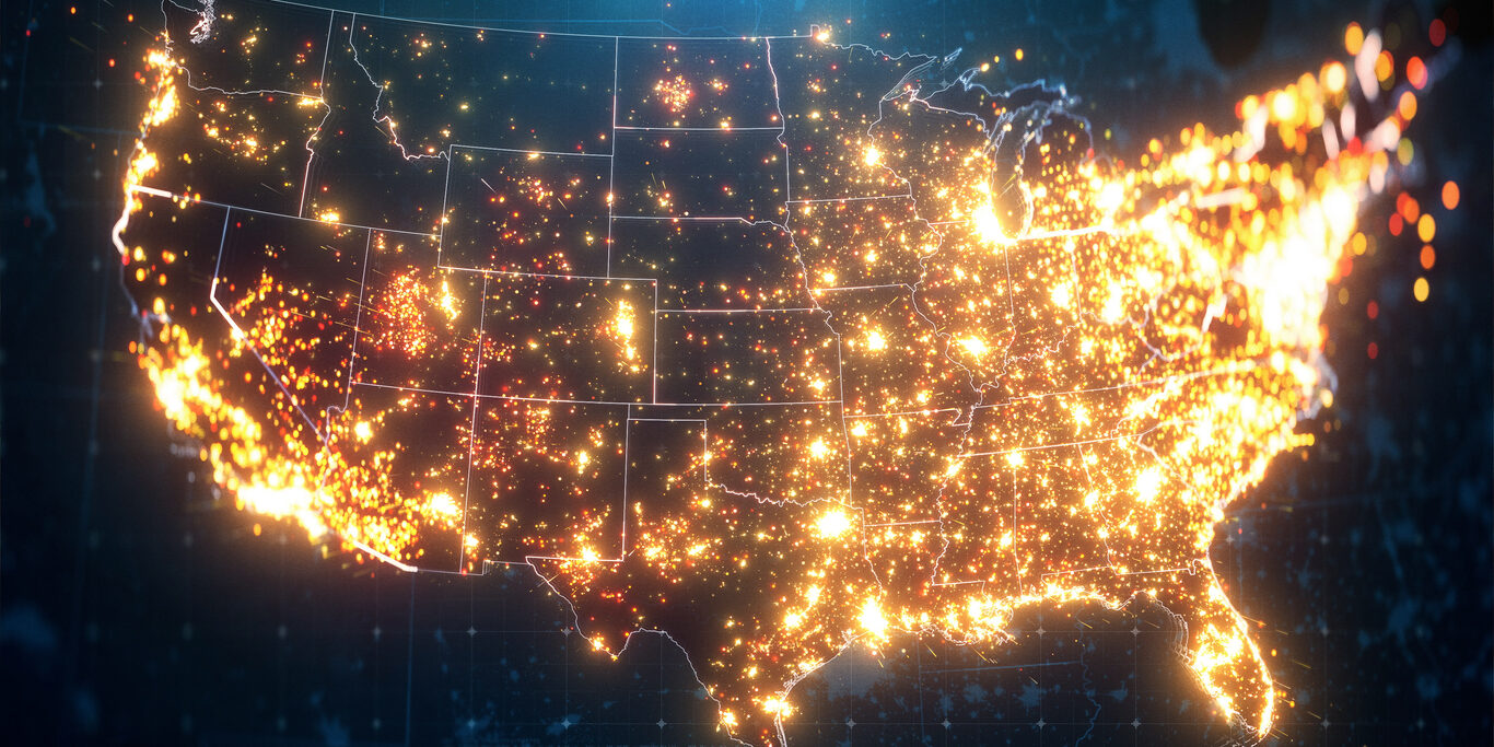 Night Map of USA with City Lights Illumination. 3D render Night Map of USA with City Lights Illumination