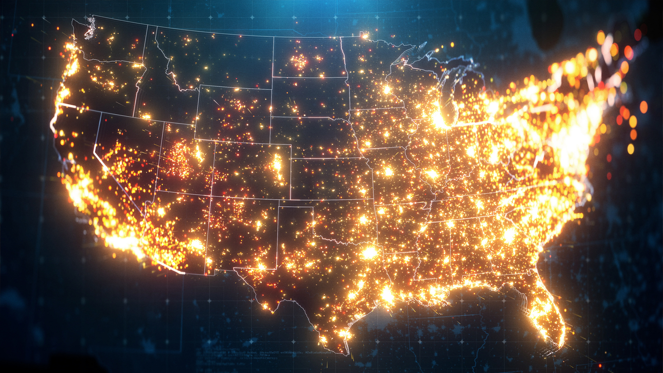 Night Map of USA with City Lights Illumination. 3D render Night Map of USA with City Lights Illumination