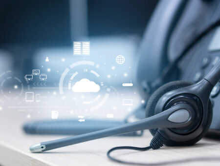 close up on headset telephone with cloud data center to synchronize on SaaS host server to working on system for futuristic technology and business marketing concept